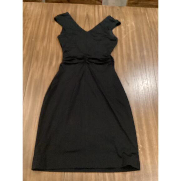 David Meister ruched waist Bodycon simple black mini Dress V Neck Sleeveless 6 - Picture 3 of 10